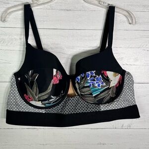 Cacique Lane Bryant Swim Top Bikini  Lined Balconette 42DD Black White Floral